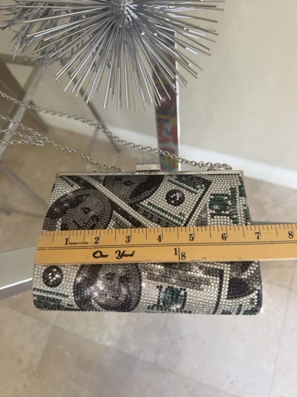 Crystal Money Print Evening Clutch - Silver & Green